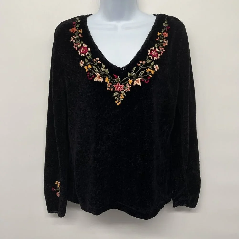 Vintage Velvet Floral Embroidered Sweater V Neck Top Blouse Long Sleeve 90s Blac - Picture 1 of 8